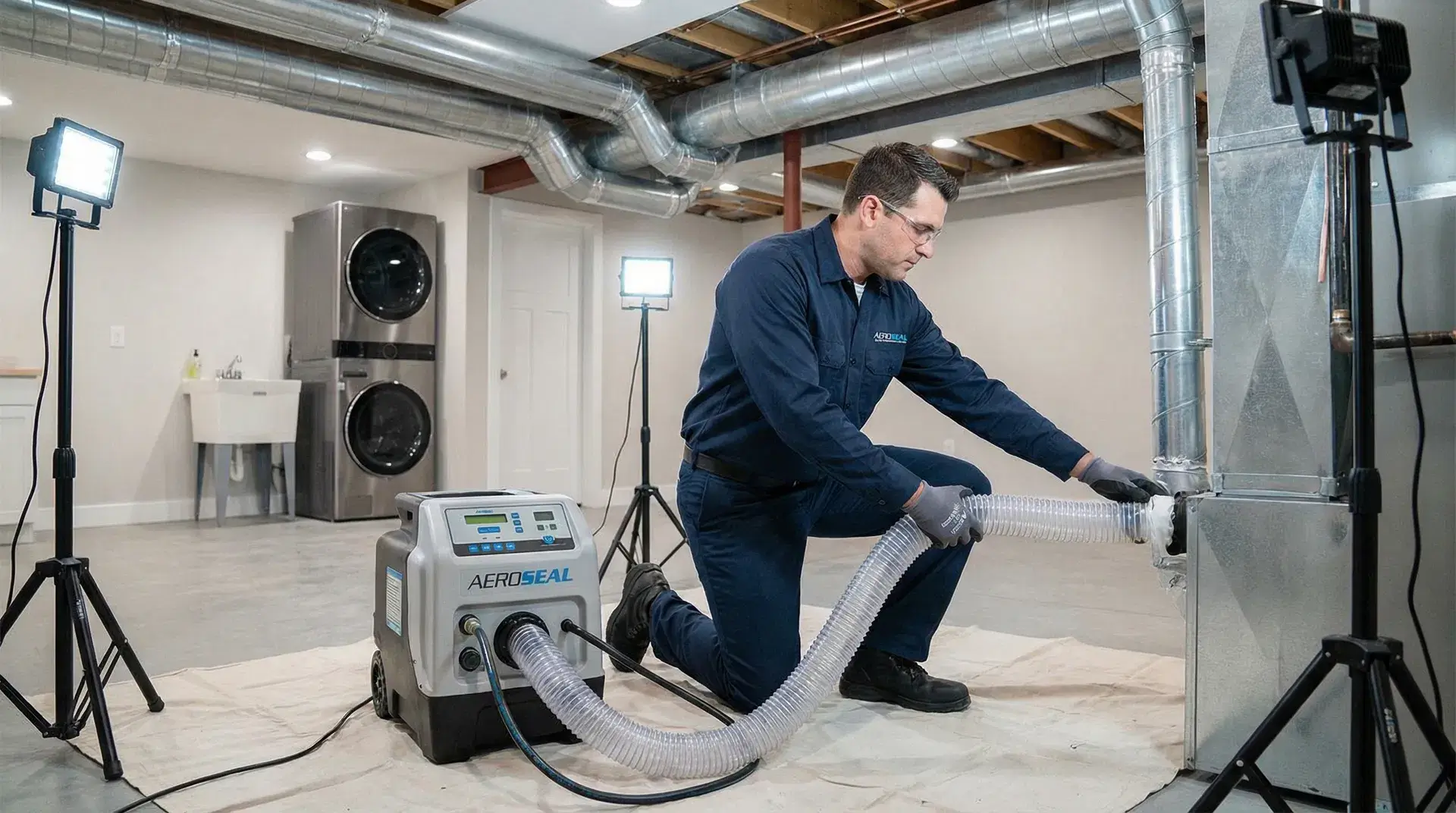 Certified Aeroseal technician sealing ductwork in Western PA